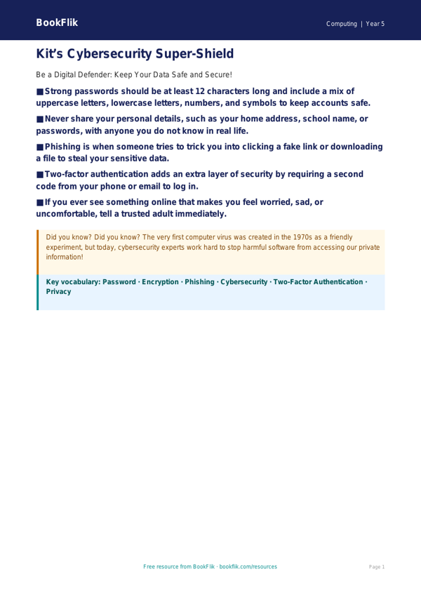 Free Cybersecurity Poster | Year 5 Core | BookFlik worksheet preview — Computing Cybersecurity