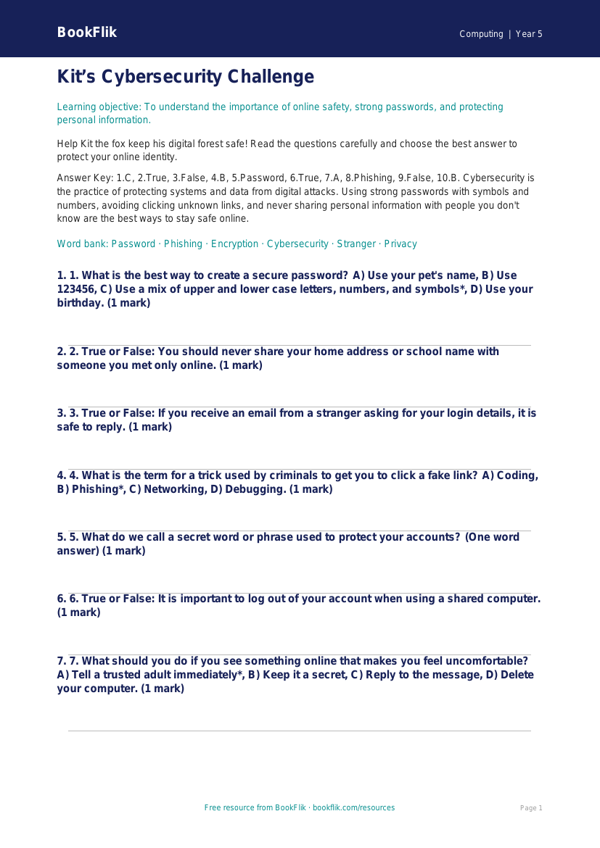 Free Cybersecurity Quiz | Year 5 Core | BookFlik worksheet preview — Computing Cybersecurity