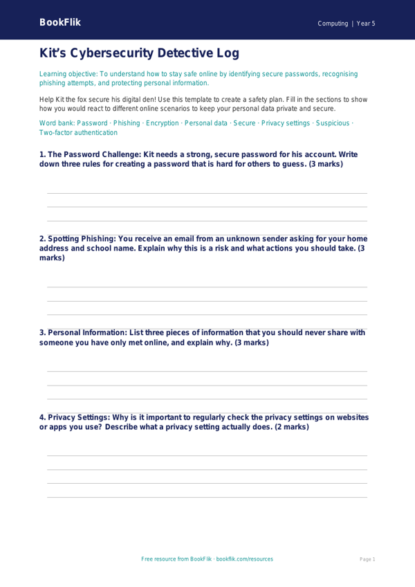 Free Cybersecurity Worksheet for Year 5 | BookFlik Education worksheet preview — Computing Cybersecurity