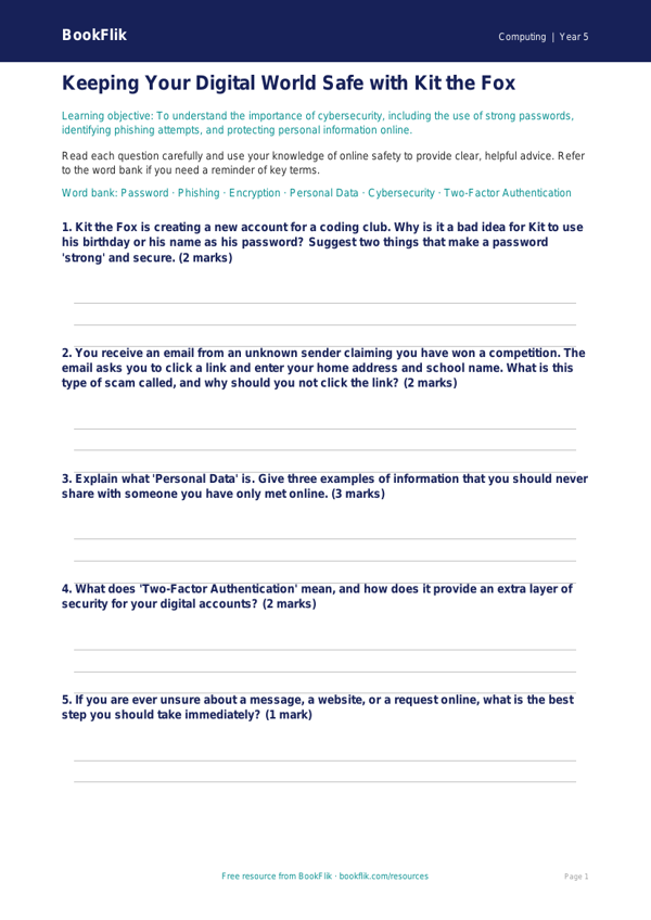 Free Cybersecurity Worksheet | Year 5 Core | BookFlik worksheet preview — Computing Cybersecurity