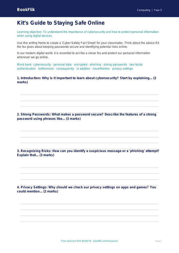 Free Cybersecurity Writing Frame | Year 5 Core | BookFlik worksheet preview — Computing Cybersecurity