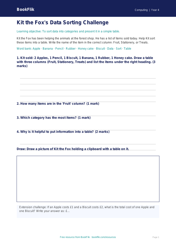 Free Data Handling Activity Sheet | Year 4 Supported | BookFlik worksheet preview — Computing Data Handling