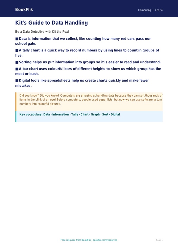 Free Data Handling Poster | Year 4 Supported | BookFlik worksheet preview — Computing Data Handling