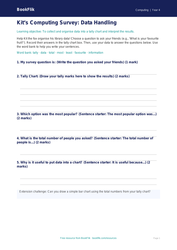 Free Data Handling Worksheet | Year 4 Maths Resource | BookFlik worksheet preview — Computing Data Handling