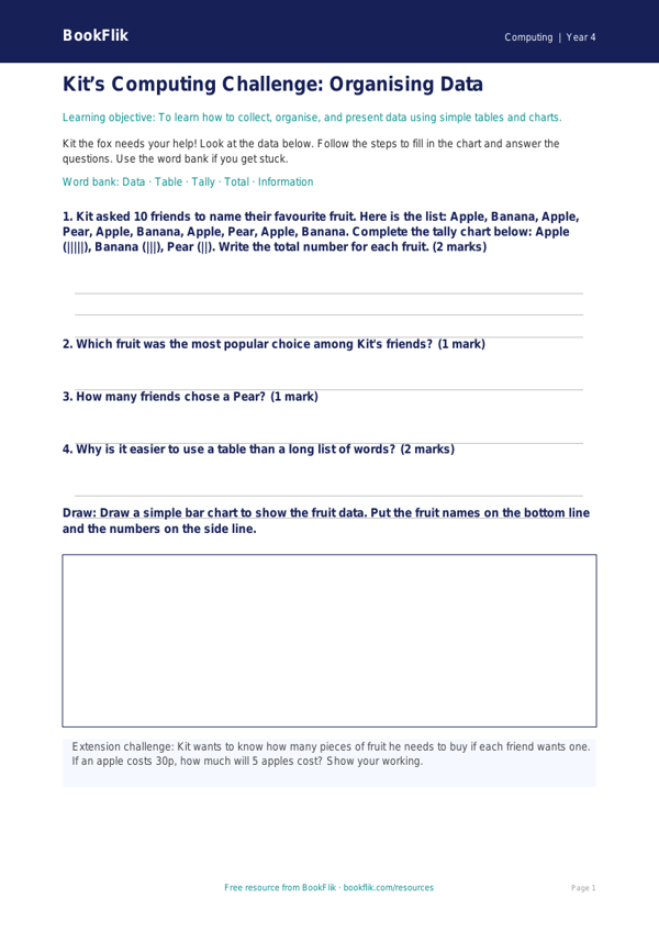 Free Data Handling Worksheet | Year 4 Supported | BookFlik worksheet preview — Computing Data Handling