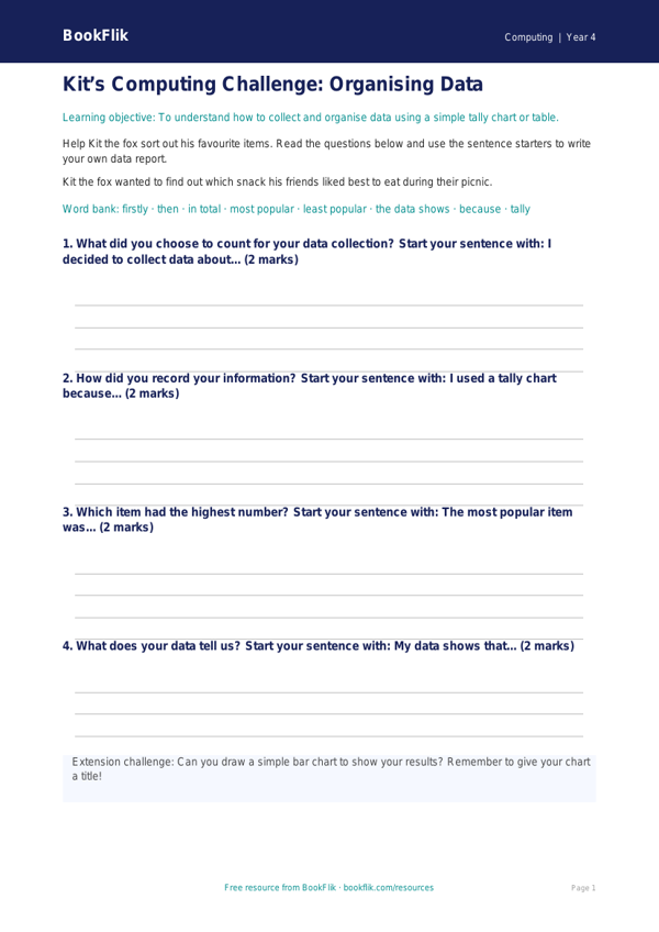 Free Data Handling Writing Frame | Year 4 Supported | BookFlik worksheet preview — Computing Data Handling