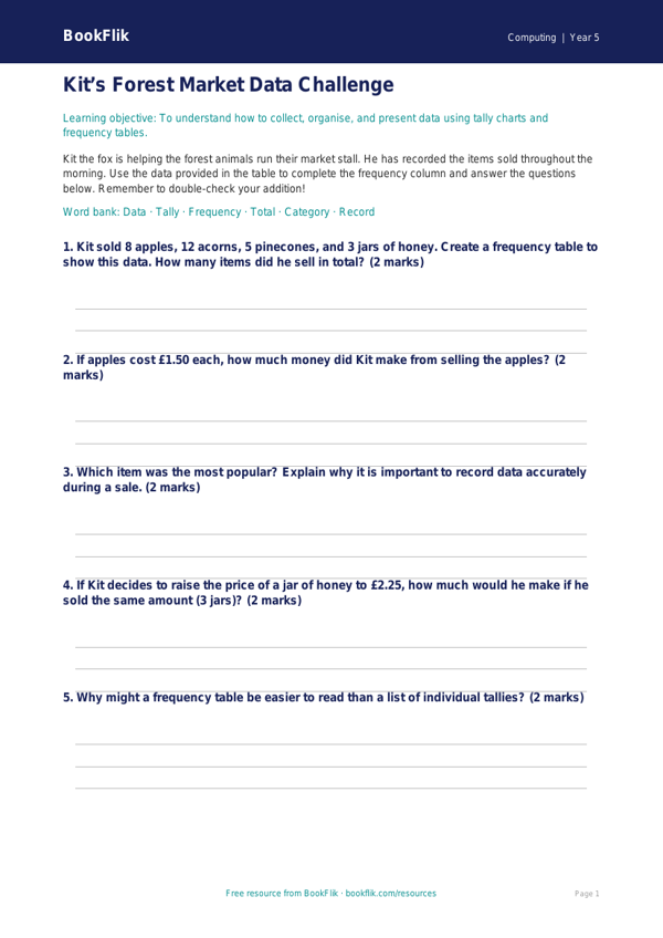 Free Data Handling Activity Sheet | Year 5 Core | BookFlik worksheet preview — Computing Data Handling