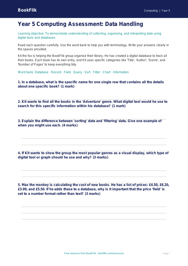Free Data Handling Assessment | Year 5 Core | BookFlik worksheet preview — Computing Data Handling