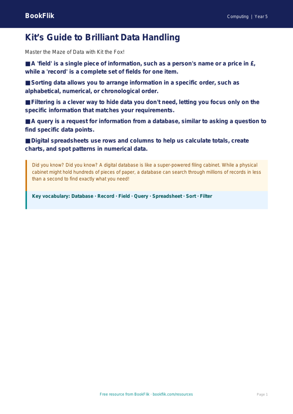 Free Data Handling Poster | Year 5 Core | BookFlik worksheet preview — Computing Data Handling