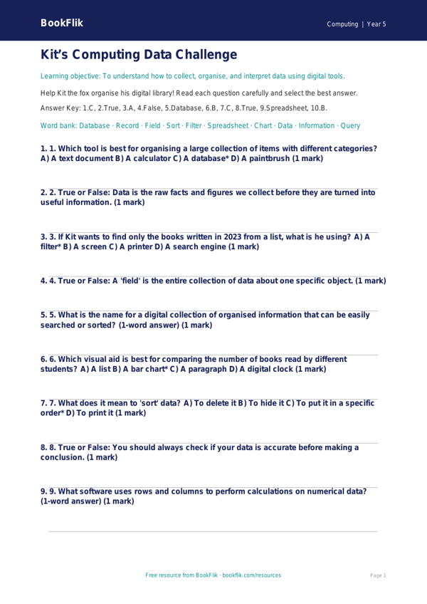 Free Data Handling Quiz | Year 5 Core | BookFlik worksheet preview — Computing Data Handling