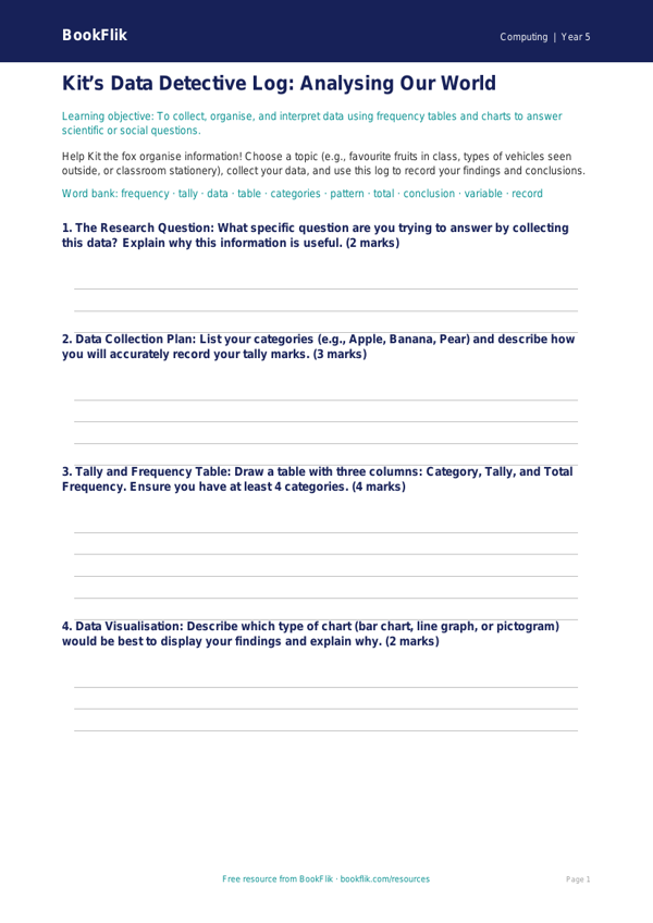 Free Data Handling Template | Year 5 Core | BookFlik worksheet preview — Computing Data Handling