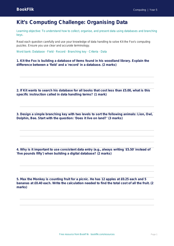 Free Data Handling Worksheet | Year 5 Core | BookFlik worksheet preview — Computing Data Handling