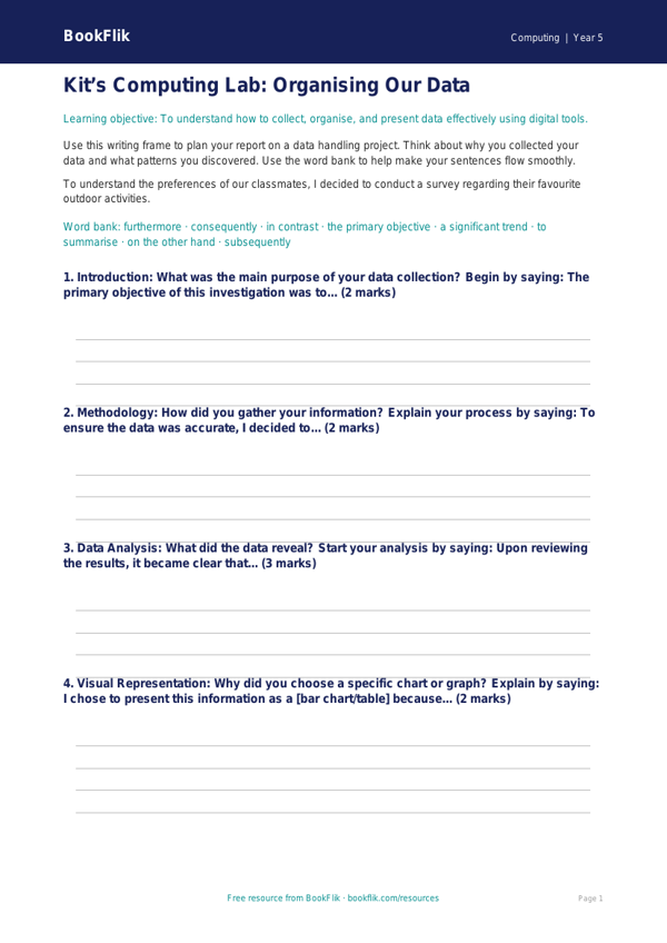 Free Data Handling Writing Frame | Year 5 Core | BookFlik worksheet preview — Computing Data Handling
