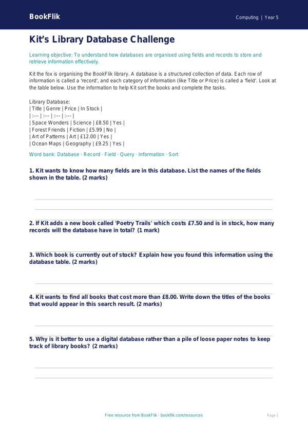 Free Databases Activity Sheet | Year 5 Core | BookFlik worksheet preview — Computing Databases