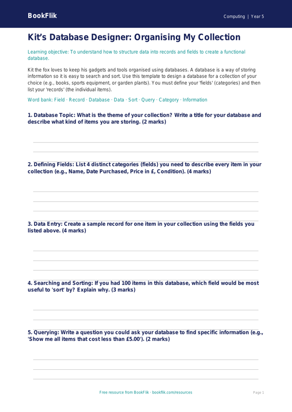 Free Databases Template | Year 5 Core | BookFlik worksheet preview — Computing Databases