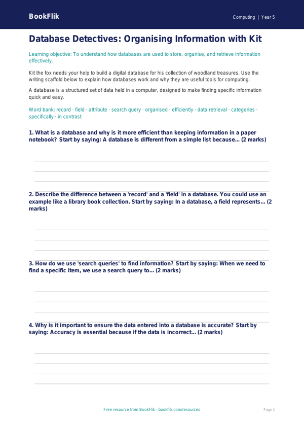 Free Databases Writing Frame | Year 5 Core | BookFlik worksheet preview — Computing Databases