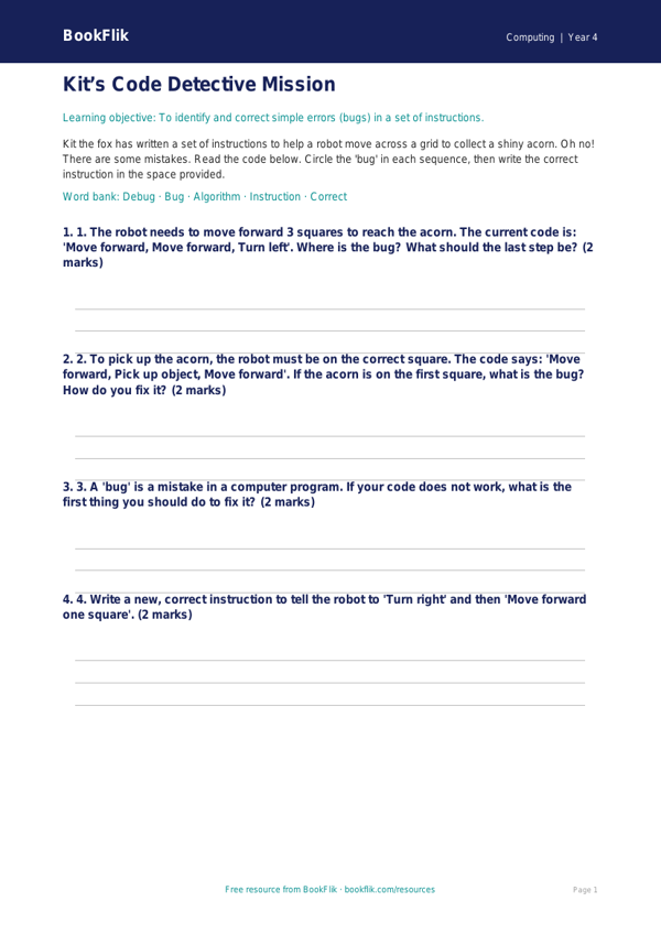 Free Debugging Activity Sheet | Year 4 Supported | BookFlik worksheet preview — Computing Debugging