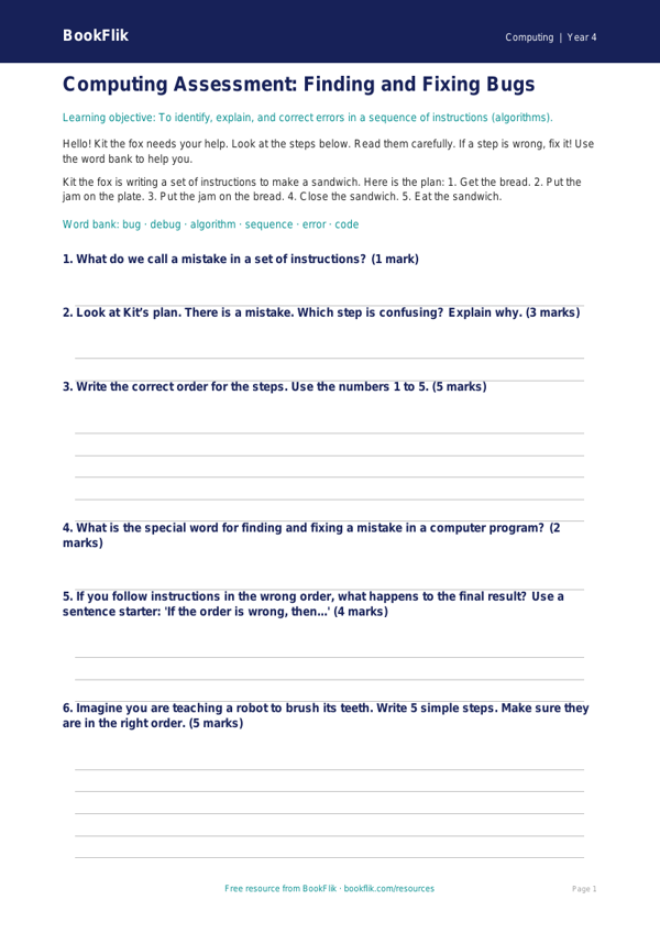 Free Debugging Assessment | Year 4 Supported | BookFlik worksheet preview — Computing Debugging