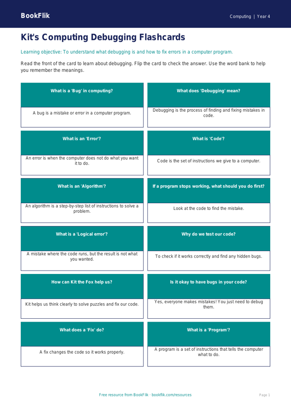 Free Debugging Flashcards | Year 4 Supported | BookFlik worksheet preview — Computing Debugging