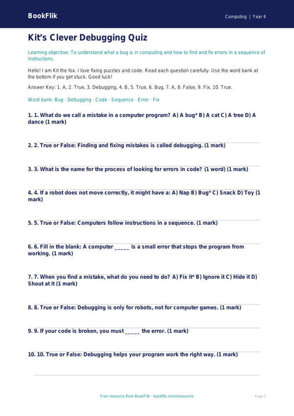 Free Debugging Quiz | Year 4 Supported | BookFlik worksheet preview — Computing Debugging