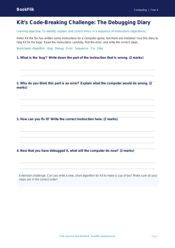Free Debugging Template | Year 4 Supported | BookFlik worksheet preview — Computing Debugging