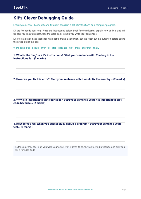 Free Debugging Writing Frame | Year 4 Supported | BookFlik worksheet preview — Computing Debugging