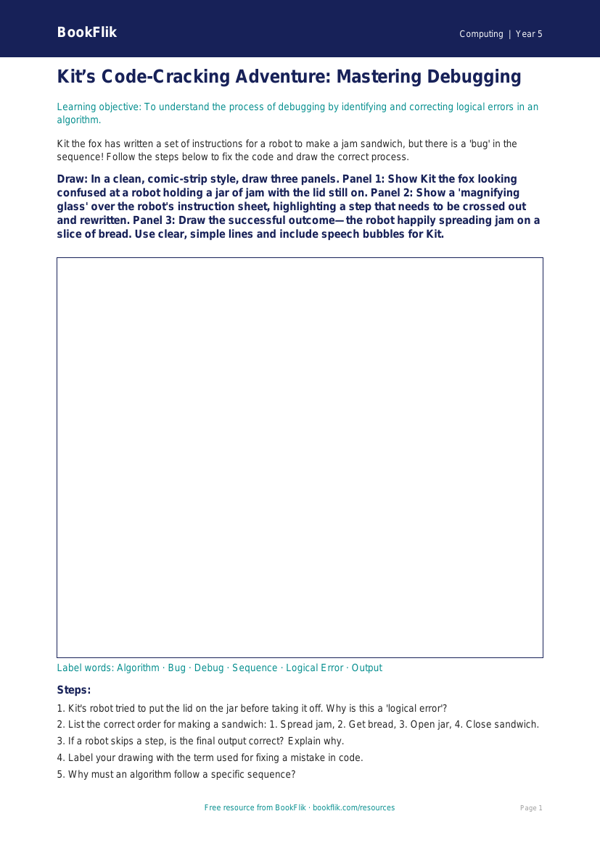 Free Debugging Drawing Sheet | Year 5 Core | BookFlik worksheet preview — Computing Debugging