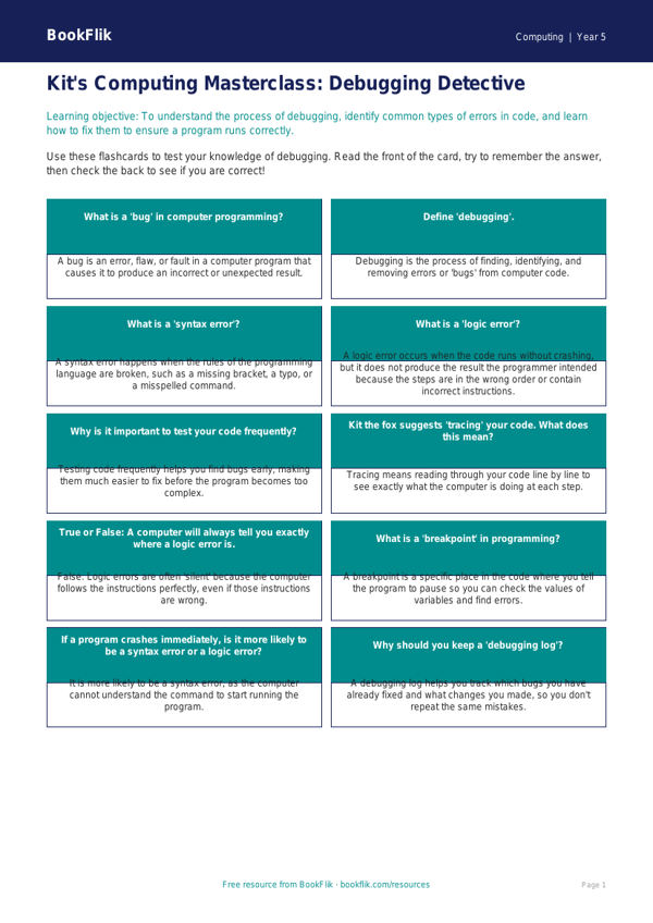 Free Debugging Flashcards | Year 5 Core | BookFlik worksheet preview — Computing Debugging