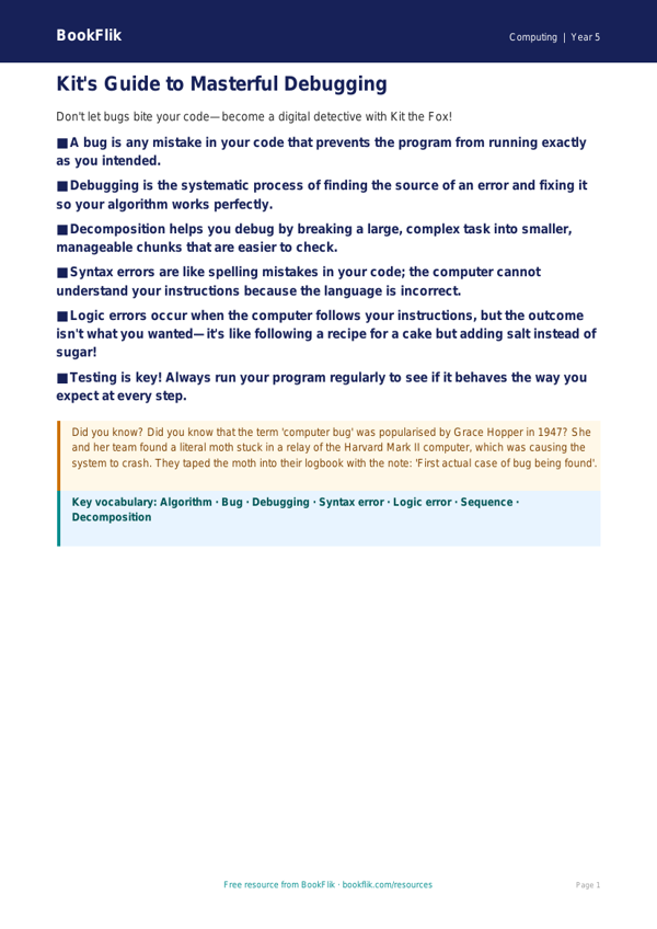 Free Debugging Poster | Year 5 Core | BookFlik worksheet preview — Computing Debugging