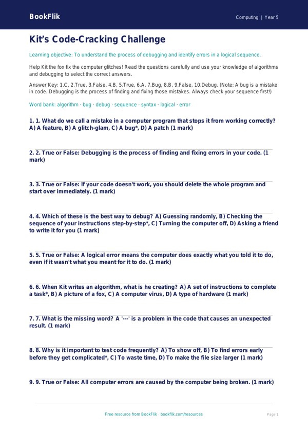 Free Debugging Quiz | Year 5 Core | BookFlik worksheet preview — Computing Debugging
