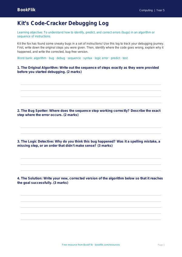 Free Debugging Template | Year 5 Core | BookFlik worksheet preview — Computing Debugging