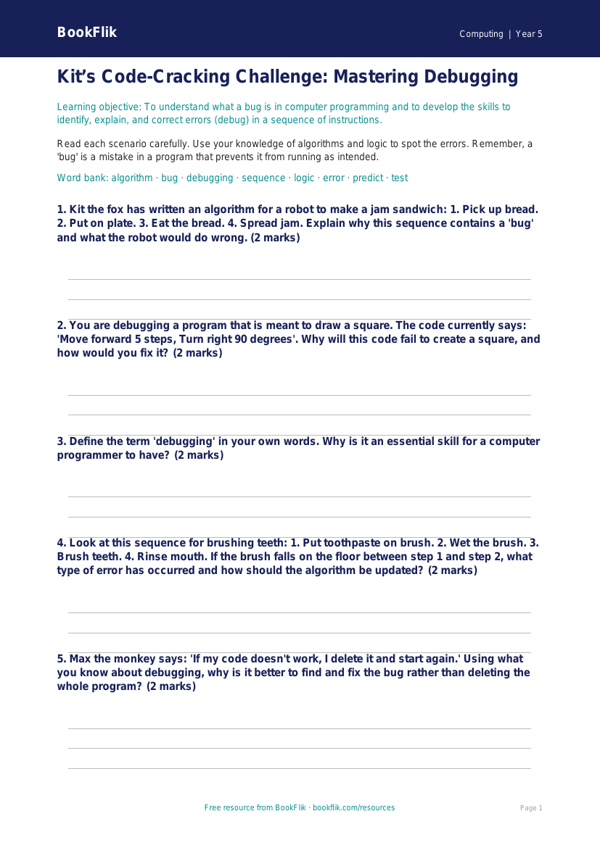 Free Debugging Worksheet | Year 5 Core | BookFlik worksheet preview — Computing Debugging