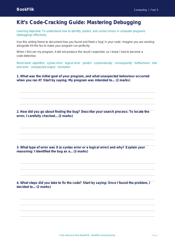 Free Debugging Writing Frame | Year 5 Core | BookFlik worksheet preview — Computing Debugging