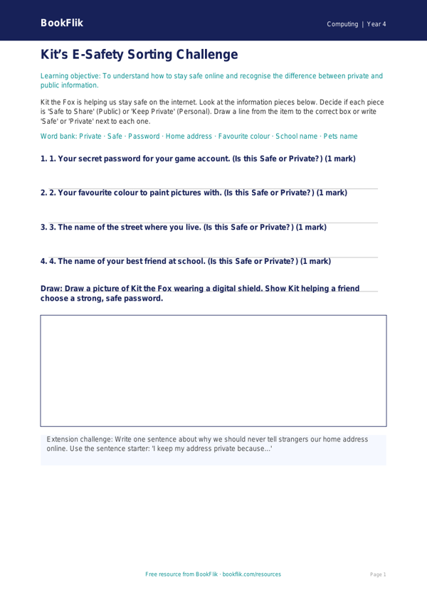 Free E-Safety Activity Sheet | Year 4 Supported | BookFlik worksheet preview — Computing E Safety