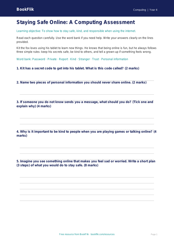 Free E-Safety Assessment Worksheet | Year 4 Supported | BookFlik worksheet preview — Computing E Safety