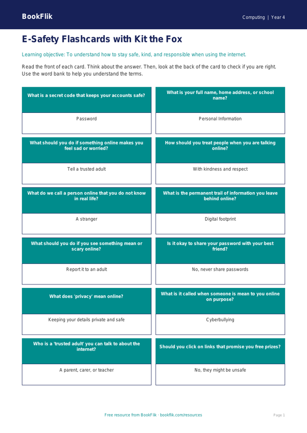 Free E-Safety Flashcards for Year 4 | Printable PDF | BookFlik worksheet preview — Computing E Safety