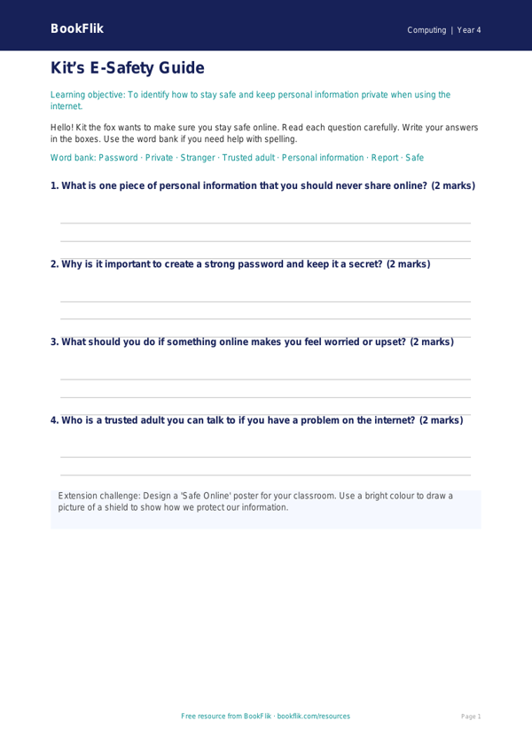 Free E-Safety Worksheet for Year 4 | Printable Lesson Plan | BookFlik worksheet preview — Computing E Safety