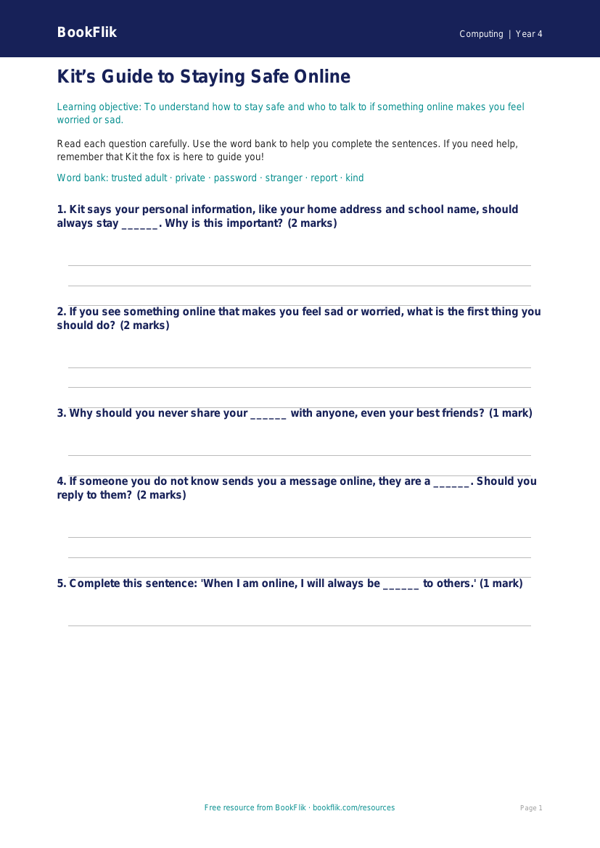 Free E-Safety Worksheet for Year 4 | KS2 Digital Literacy | BookFlik worksheet preview — Computing E Safety