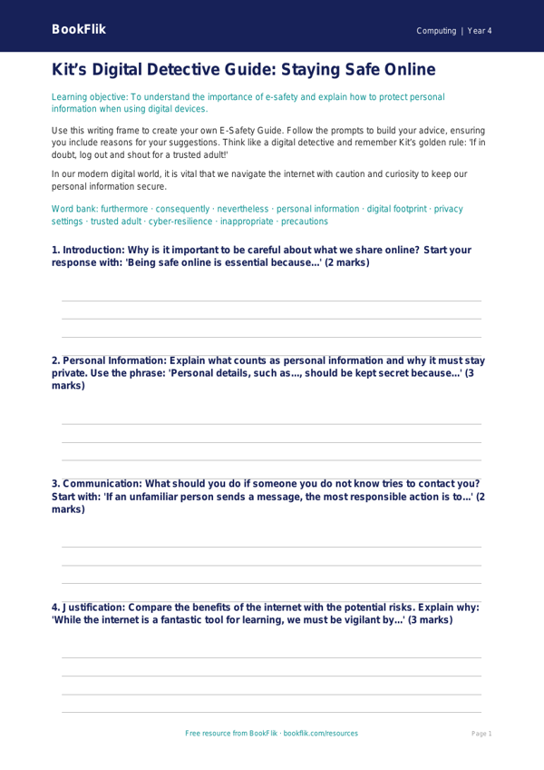 Free E-Safety Writing Frame | Year 4 Greater Depth | BookFlik worksheet preview — Computing E Safety