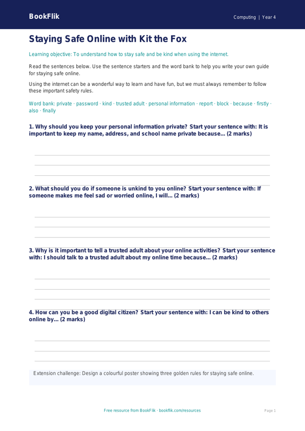 Free E-Safety Writing Frame | Year 4 Supported | BookFlik worksheet preview — Computing E Safety