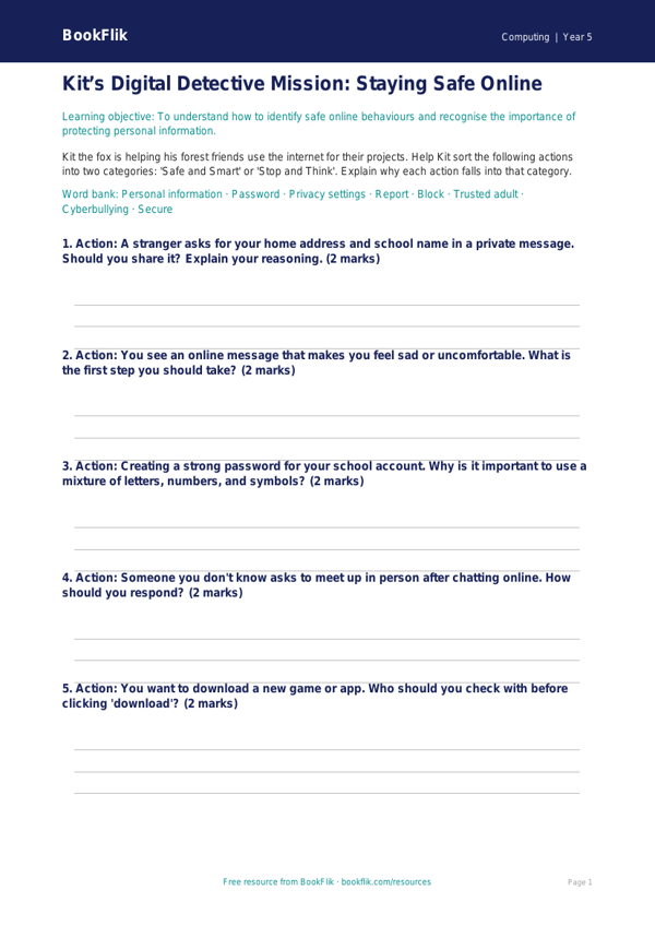 Free E-Safety Activity Sheet | Year 5 Core | BookFlik worksheet preview — Computing E Safety
