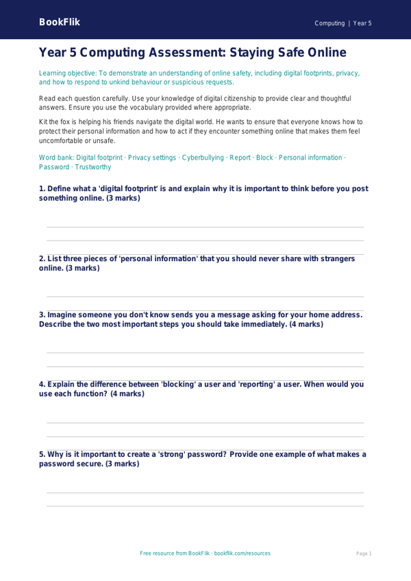 Free E-Safety Assessment Worksheet | Year 5 Core | BookFlik worksheet preview — Computing E Safety