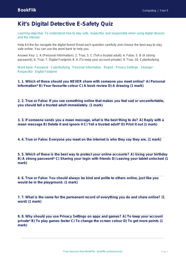Free E-Safety Quiz for Year 5 | Primary Computing Worksheet | BookFlik worksheet preview — Computing E Safety