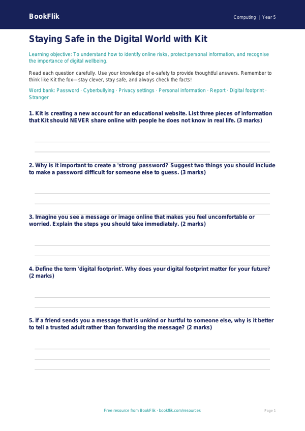 Free E-Safety Worksheet | Year 5 Core | BookFlik worksheet preview — Computing E Safety