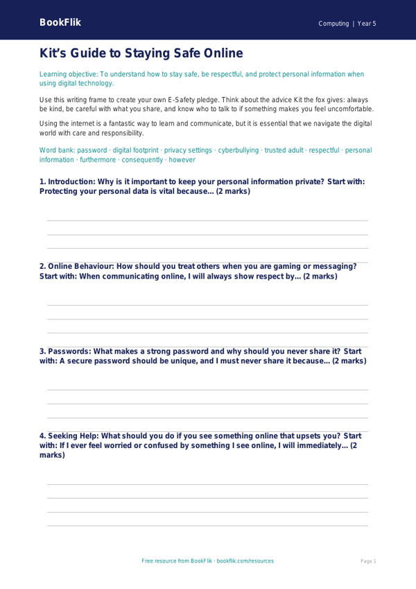 Free E-Safety Writing Frame | Year 5 Core | BookFlik worksheet preview — Computing E Safety