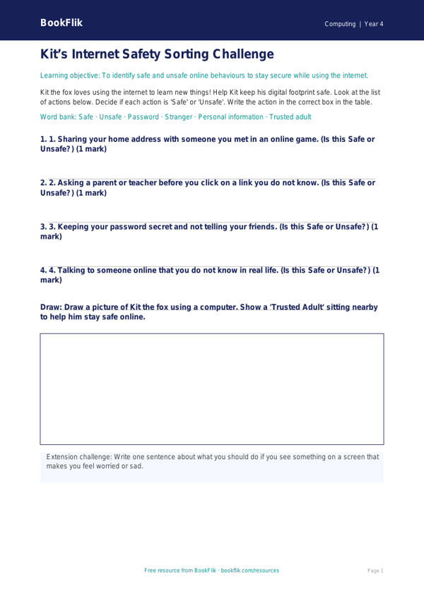 Free Internet Safety Activity Sheet | Year 4 Supported | BookFlik worksheet preview — Computing Internet Safety