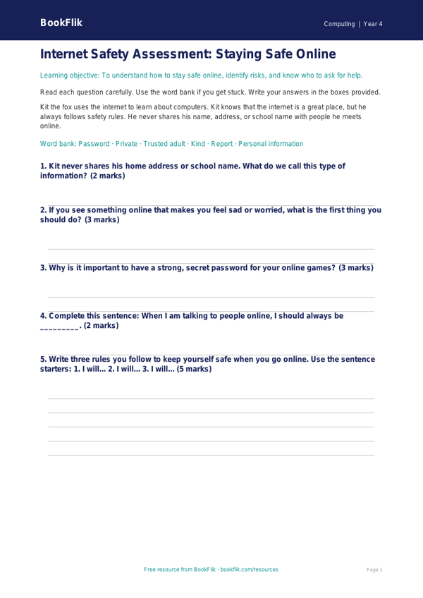 Free Internet Safety Assessment | Year 4 Supported | BookFlik worksheet preview — Computing Internet Safety