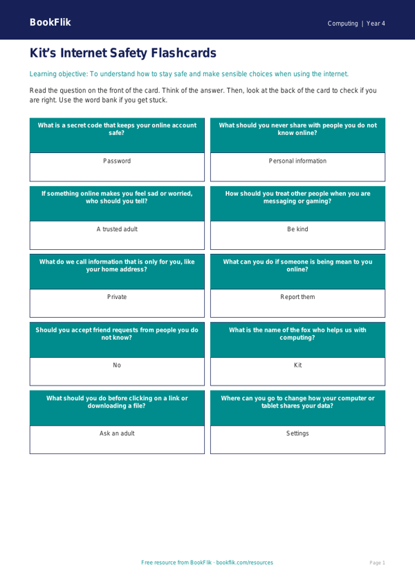 Free Internet Safety Flashcards | Year 4 Supported | BookFlik worksheet preview — Computing Internet Safety