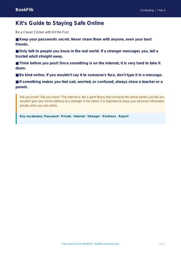 Free Internet Safety Poster | Year 4 Supported | BookFlik worksheet preview — Computing Internet Safety