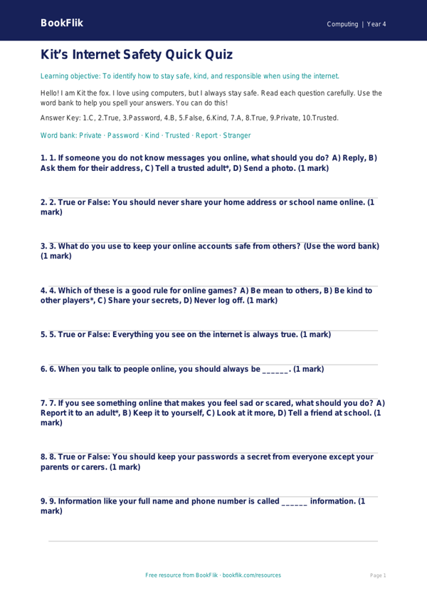 Free Internet Safety Quiz | Year 4 Supported | BookFlik worksheet preview — Computing Internet Safety